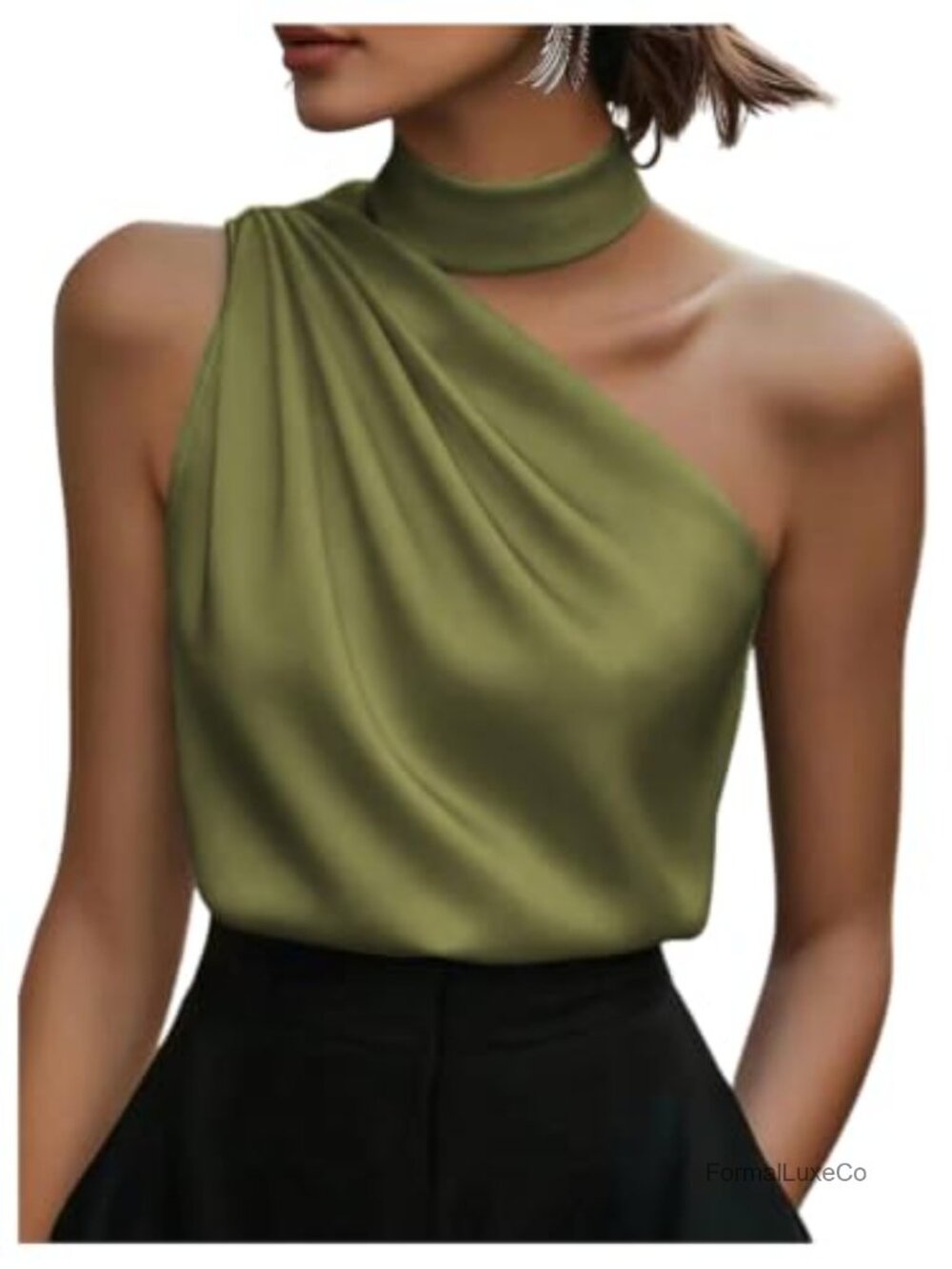 Satin Sleeveless One Shoulder Ruched Mock Neck Dressy Blouse Top